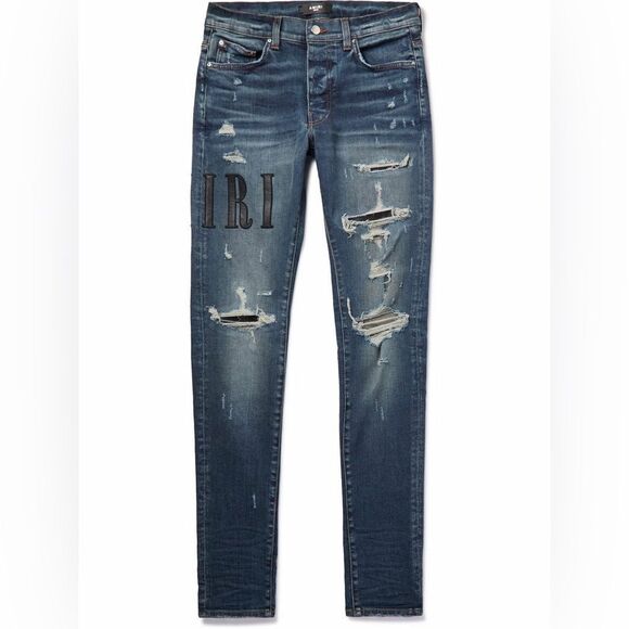 AMIRI Skinny-Fit Leather Appliquéd Distressed Jeans Blue/Black 32 NWT - Picture 1 of 16